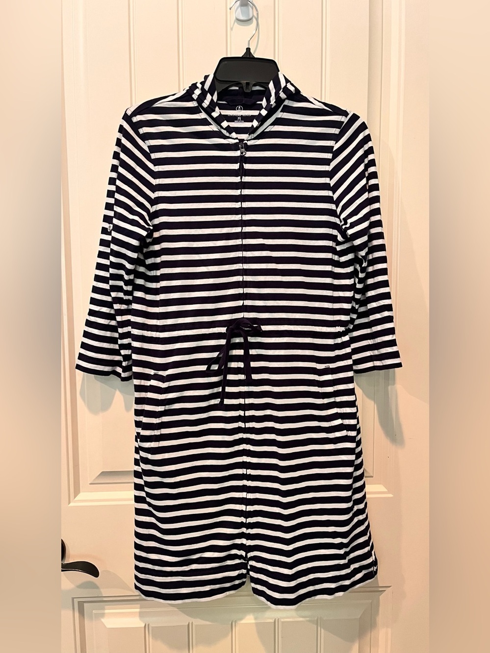 Lands' End XS Hoodie Navy/White Striped 100% Cotton Swim Cover Waist Drawstring